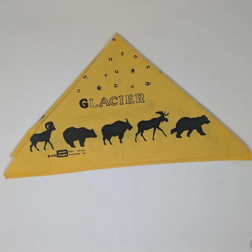 Vintage 1992 Konya Designs Glacier National Park Yellow Cotton Bandana Scarf